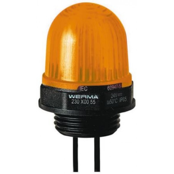 Werma 230.300.55 Series Yellow Steady Beacon, 24 V dc, Panel Mount, LED Bulb