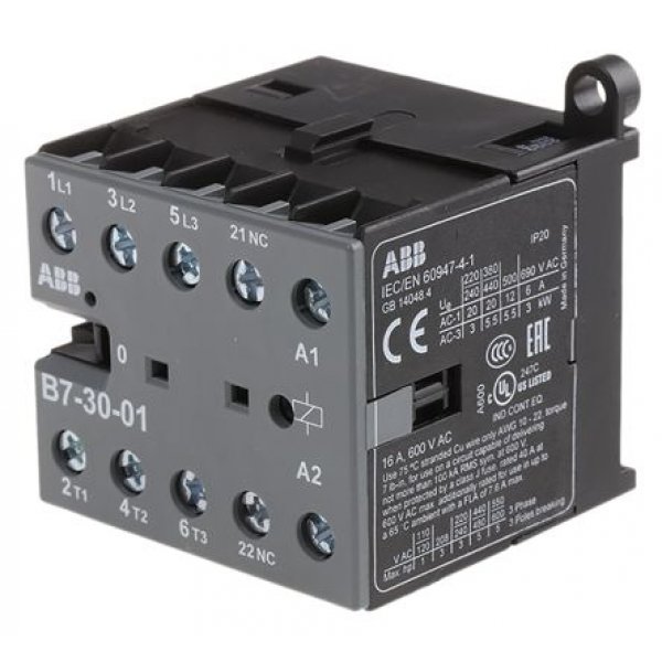 ABB B7-30-01-80 Contactor, 230 V ac Coil, 3 Pole, 9 A, 5.5 kW, 3NO
