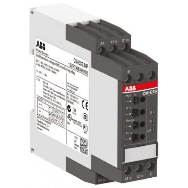 ABB 1SVR730830R0500 CM-ESS.MS Voltage Monitoring Relay, 1 Phase, DPDT, 3→30 V, 6→60 V, 30→300 V, 60→600 V