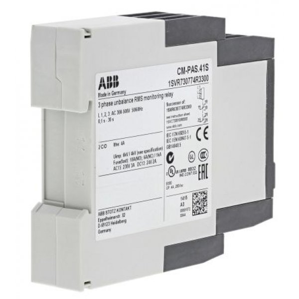 ABB 1SVR730774R3300 CM-PAS.41S Phase Monitoring Relay, 3 Phase, DPDT, 300 → 500V ac, DIN Rail