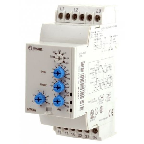Crouzet 84873026 Phase, Voltage Monitoring Relay, 3 Phase, DPDT, 194 → 528 V, DIN Rail