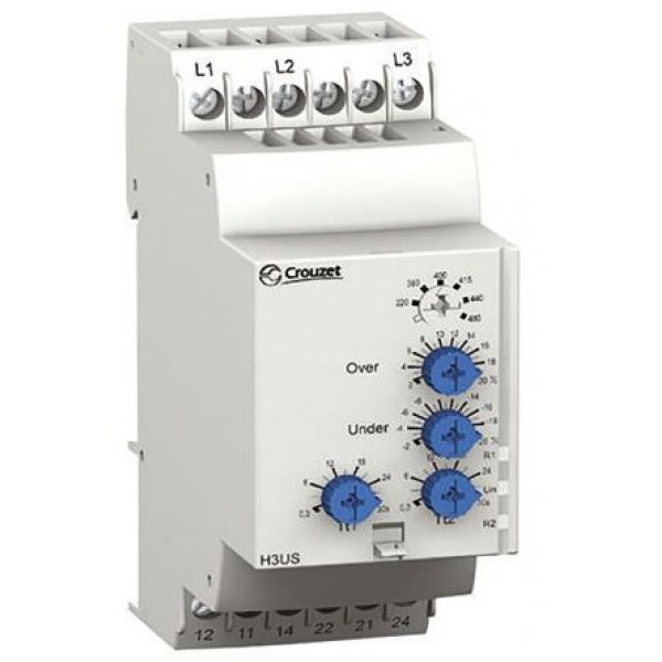 Crouzet 84873220 Voltage Monitoring Relay, 3 Phase, DPDT, 194 → 528V ac, DIN Rail