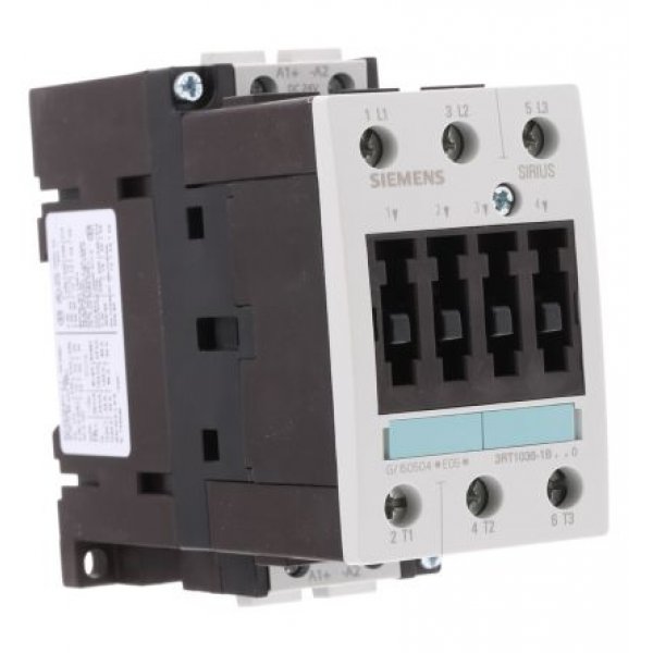 Siemens 3RT1036-1BB40 3 Pole Contactor, 3NO, 50 A, 22 kW (AC3), 24 V dc Coil