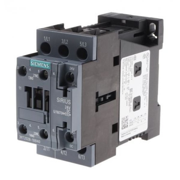 Siemens 3RT2028-1BB40 3 Pole Contactor - 38 A, 24 V dc Coil, 3NO, 18.5 kW