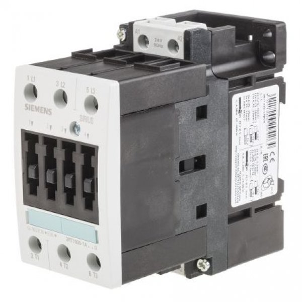 Siemens 3RT1035-1AB00 3 Pole Contactor, 3NO, 40 A, 18.5 kW (AC3), 24 V ac Coil