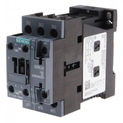 Siemens 3RT2026-1BB40 3 Pole Contactor, 3NO, 25 A, 11 kW (AC3), 24 V dc Coil