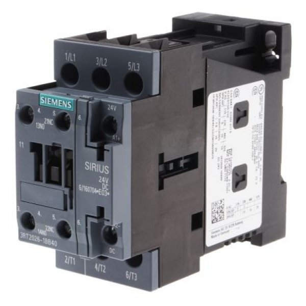 Siemens 3RT2026-1BB40 3 Pole Contactor, 3NO, 25 A, 11 kW (AC3), 24 V dc Coil