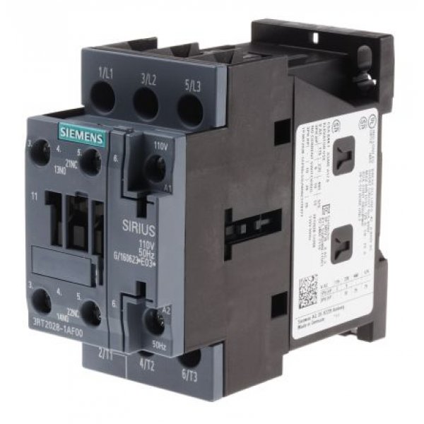 Siemens 3RT2028-1AF00 3 Pole Contactor, 3NO, 38 A, 18.5 kW (AC3), 110 V ac Coil