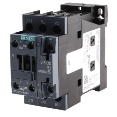 Siemens 3RT2025-1BB40 3 Pole Contactor, 3NO, 16 A, 7.5 kW (AC3), 24 V dc Coil
