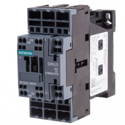 Siemens 3RT2024-2BB40 3 Pole Contactor, 3NO, 12 A, 5.5 kW (AC3), 24 V dc Coil