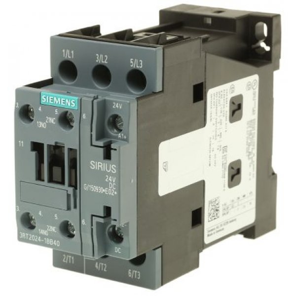 Siemens 3RT2024-1BB40 3 Pole Contactor, 3NO, 12 A, 5.5 kW (AC3), 24 V dc Coil