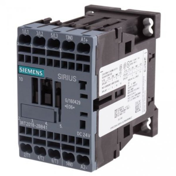 Siemens 3RT2018-2BB41 3 Pole Contactor, 3NO, 16 A, 7.5 kW (AC3), 24 V dc Coil