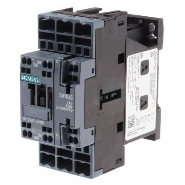 Siemens 3RT2026-2AB00 3 Pole Contactor, 3NO, 25 A, 11 kW (AC3), 24 V ac Coil