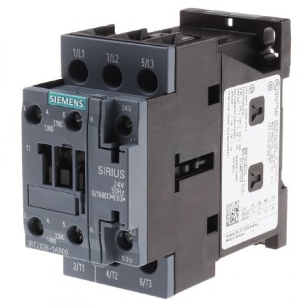 Siemens 3RT2026-1AB00 3 Pole Contactor, 3NO, 25 A, 11 kW (AC3), 24 V ac Coil