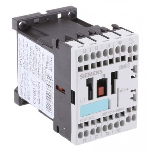Siemens 3RT1017-2BB42 3 Pole Contactor, 3NO, 12 A, 5.5 kW (AC3), 24 V dc Coil