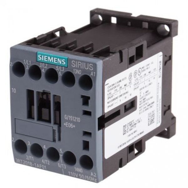 Siemens 3RT2018-1AF02 3 Pole Contactor, 3NO, 16 A, 7.5 kW (AC3), 110 V ac Coil