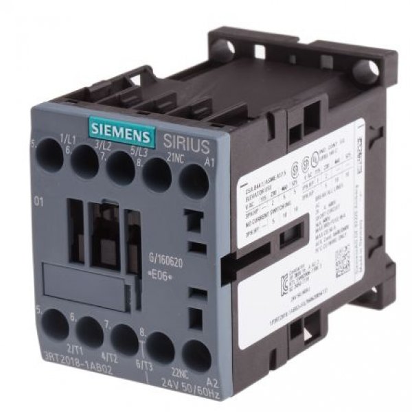Siemens 3RT2018-1AB02 3 Pole Contactor, 3NO, 16 A, 7.5 kW (AC3), 24 V ac Coil