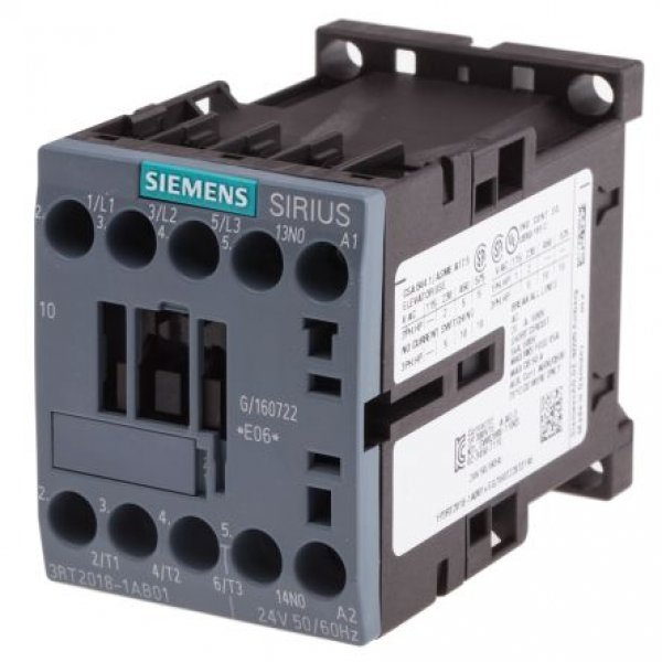 Siemens 3RT2018-1AB01 3 Pole Contactor, 3NO, 16 A, 7.5 kW (AC3), 24 V ac Coil