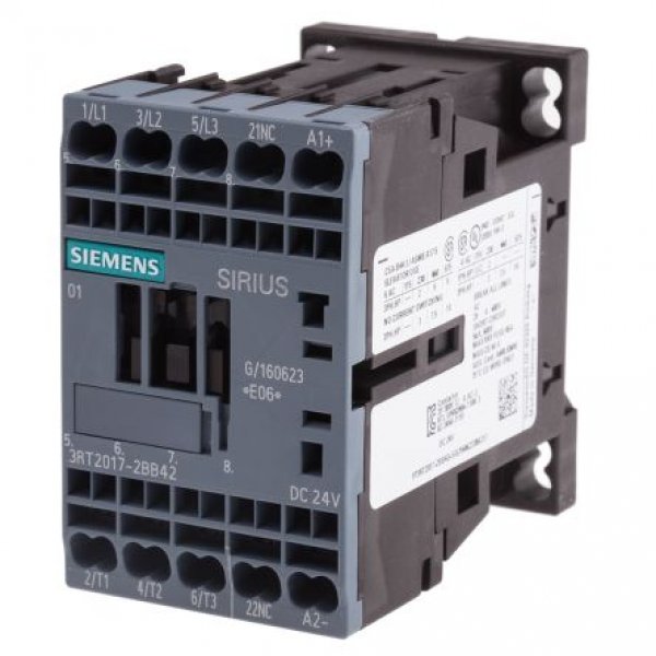 Siemens 3RT2017-2BB42 3 Pole Contactor, 3NO, 12 A, 5.5 kW (AC3), 24 V dc Coil