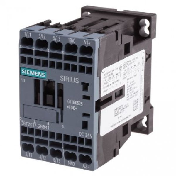 Siemens 3RT2017-2BB41 3 Pole Contactor, 3NO, 12 A, 5.5 kW (AC3), 24 V dc Coil