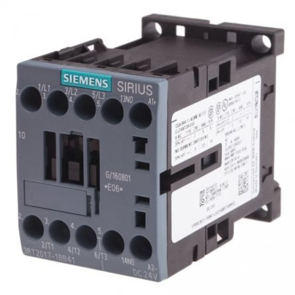 Siemens 3RT2017-1BB41 3 Pole Contactor, 3NO, 12 A, 5.5 kW (AC3), 24 V dc Coil