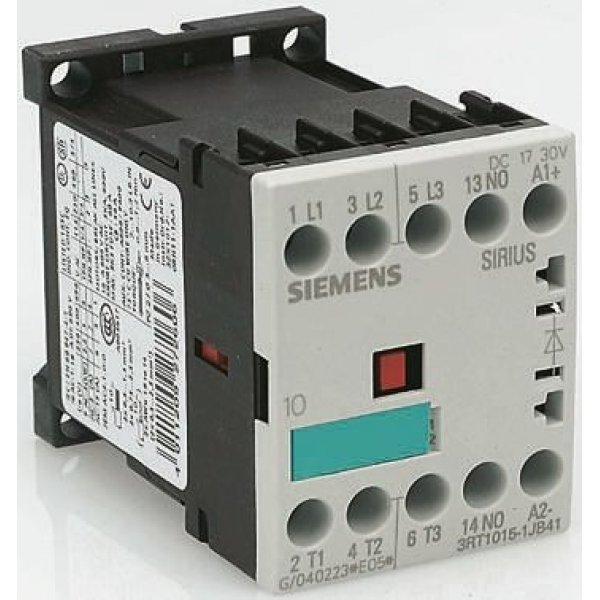 Siemens 3RT1016-1JB41 3 Pole Contactor, 3NO, 9 A, 4 kW (AC3), 24 V dc Coil