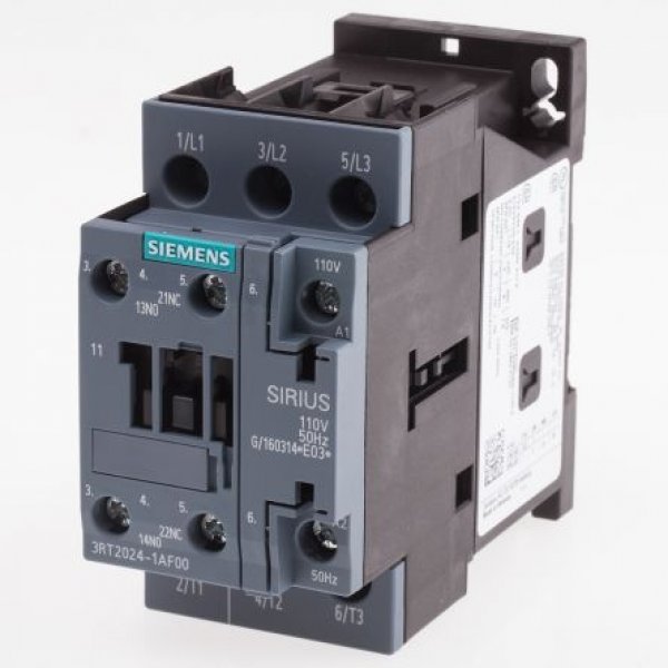 Siemens 3RT2024-1AF00 3 Pole Contactor, 3NO, 12 A, 5.5 kW (AC3), 110 V ac Coil