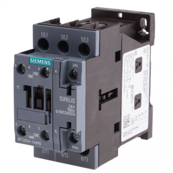 Siemens 3RT2024-1AB00 3 Pole Contactor, 3NO, 12 A, 5.5 kW (AC3), 24 V ac Coil