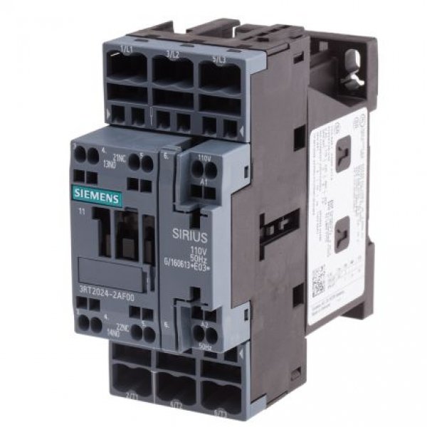 Siemens 3RT2024-2AF00 3 Pole Contactor, 3NO, 12 A, 5.5 kW (AC3), 110 V ac Coil