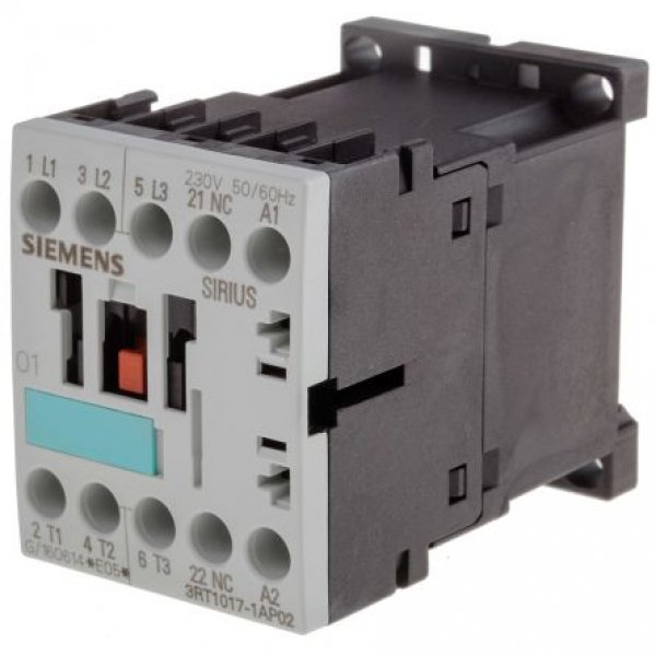 Siemens 3RT1017-1AP02 3 Pole Contactor, 3NO, 12 A, 5.5 kW (AC3), 230 V ac Coil