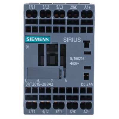 Siemens 3RT2015-2BB42 3 Pole Contactor, 3NO, 7 A, 3 kW (AC3), 24 V dc Coil