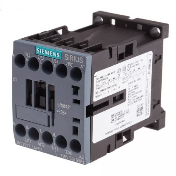 Siemens 3RT2017-1AF02 3 Pole Contactor, 3NO, 12 A, 5.5 kW (AC3), 110 V ac Coil
