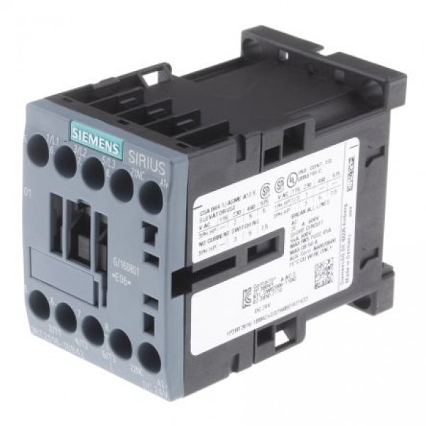 Siemens 3RT2016-1BB42 3 Pole Contactor, 3NO, 9 A, 4 kW (AC3), 24 V dc Coil