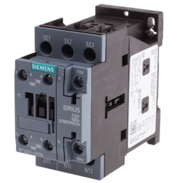 Siemens 3RT2023-1AF00 3 Pole Contactor, 3NO, 9 A, 4 kW (AC3), 110 V ac Coil