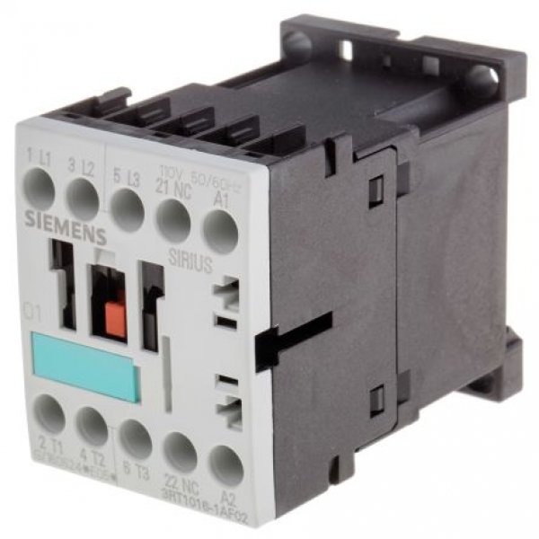 Siemens 3RT1016-1AF02 3 Pole Contactor, 3NO, 9 A, 4 kW (AC3), 110 V ac Coil