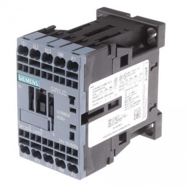 Siemens 3RT2016-2AB01 3 Pole Contactor, 3NO, 9 A, 4 kW (AC3), 24 V ac Coil