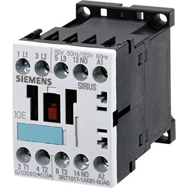 Siemens 3RT1015-1AF02 3 Pole Contactor, 3NO, 7 A, 3 kW (AC3), 110 V ac Coil