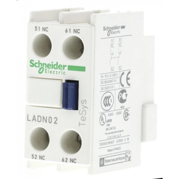 Schneider Electric LADN02 Auxiliary Contact Block - 2NC, 2 Contact, Front Mount
