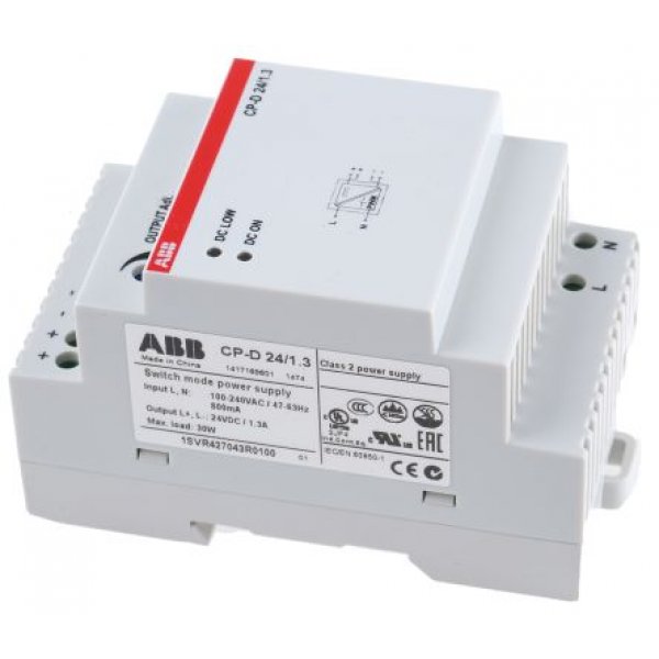 ABB 1SVR427043R0100 - CP-D 24/1.3 Switch Mode DIN Rail Power Supply, 90 → 264V ac ac, dc Input, 24V