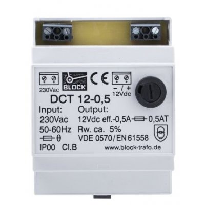 Block DCT12-0.5 DIN Rail Panel Mount Power Supply, 6W, 12V dc/ 500mA