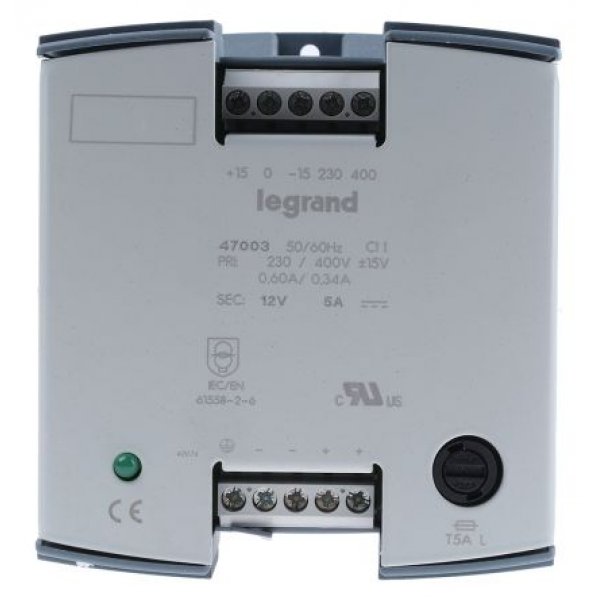 Legrand 0 470 03 DIN Rail Panel Mount Power Supply, 60W, 12V dc/ 5A