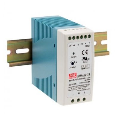 Mean Well DRA-60-24 DRA Switch Mode DIN Rail Power Supply, 60W, 24V dc/ 2.5A
