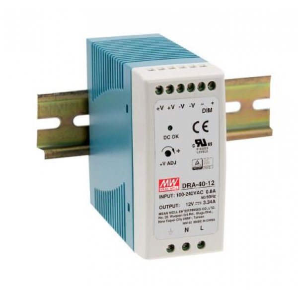Mean Well DRA-40-24 DRA Switch Mode DIN Rail Power Supply, 40W, 24V dc/ 1.7A