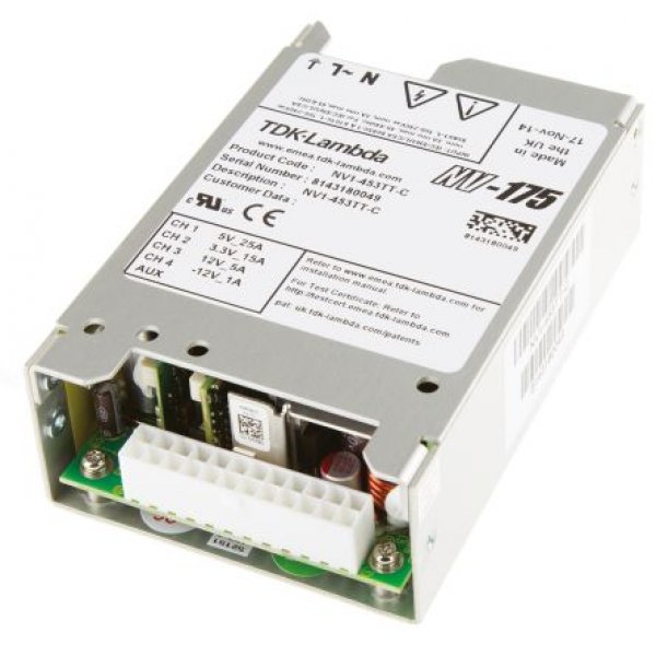 TDK-Lambda NV1-453TT-C Switching Power Supply, 3.3 V dc, 5 V dc, 1 A, 5 A, 15 A, 25 A, 175W, Quad Output