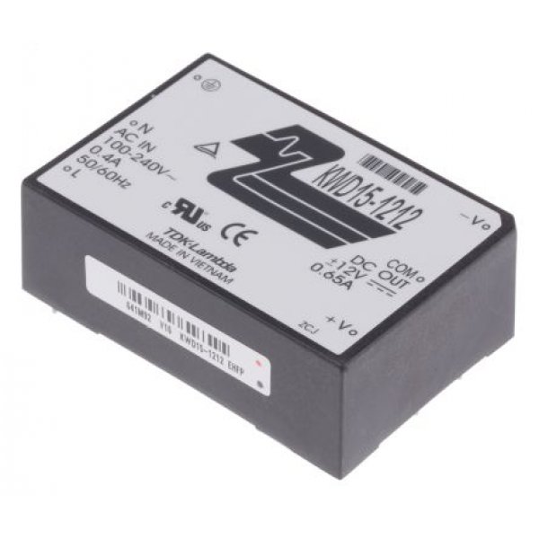 TDK-Lambda KWD15-1212 Switching Power Supply, ±12V dc, ±650mA, 15W, Dual Output