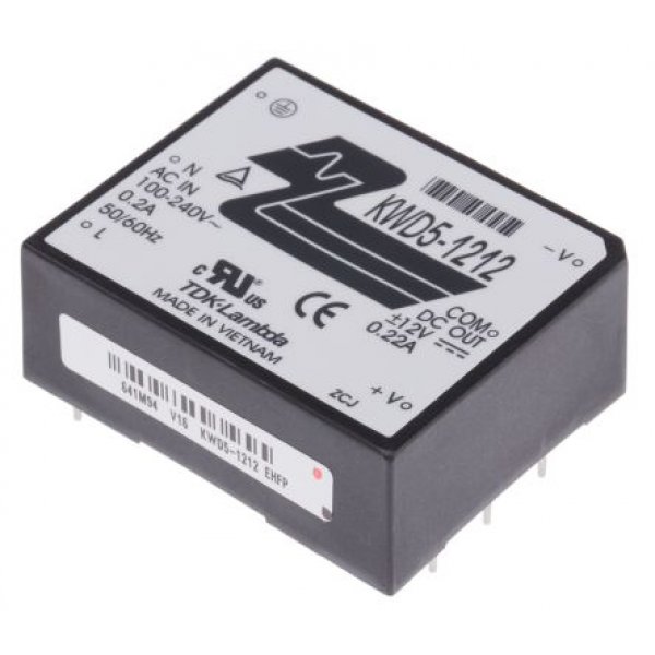 TDK-Lambda KWD5-1212 Switching Power Supply, ±12V dc, ±220mA, 5W, Dual Output