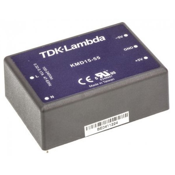 TDK-Lambda KMD15-55 Switching Power Supply, ±5V dc, 1.5A, 15W, Dual Output