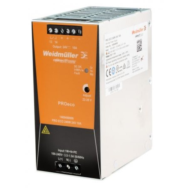 Weidmuller 1469490000 PRO ECO DIN Rail Power Supply, 240W, 24V dc/ 10A