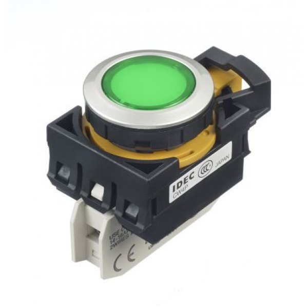 Idec CW4P-1EQM4G Green LED Pilot Light, 22mm Cutout, IP66, Round, 230 / 240 V ac/dc, 6 A