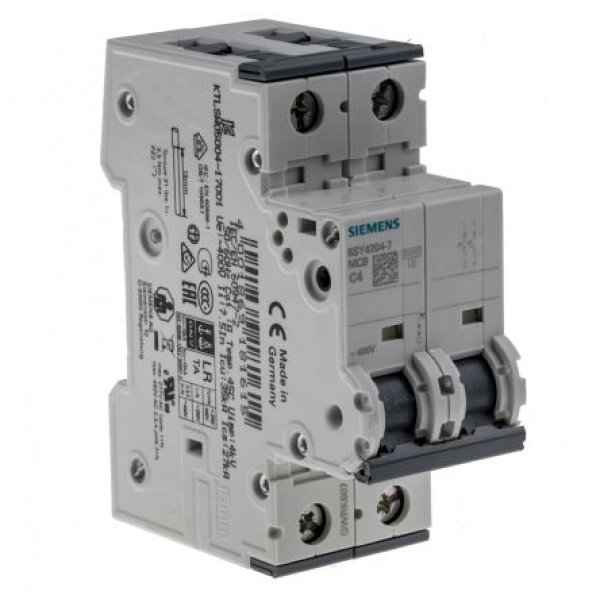Siemens 5SY4204-7  MCB Mini Circuit Breaker 2P, 4 A, 10 kA, Curve C